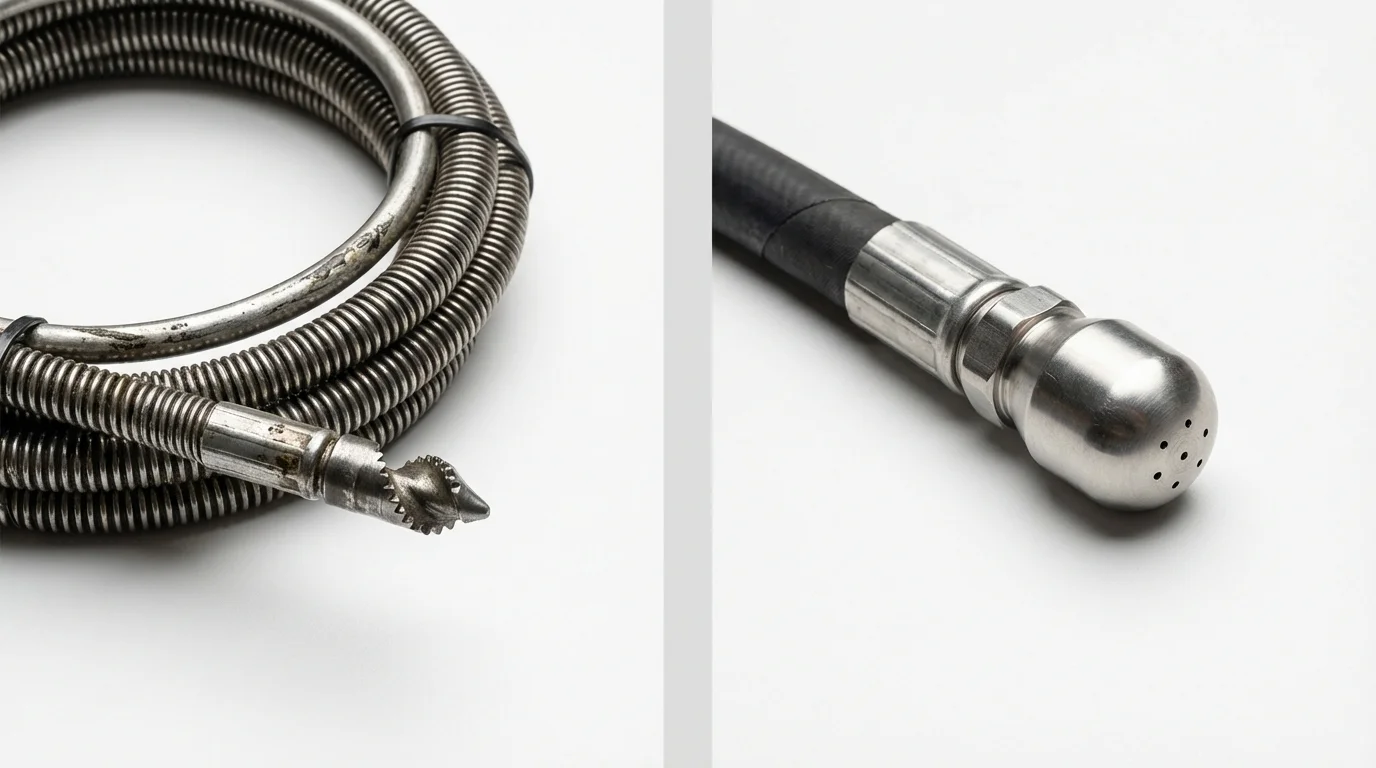 Drain snake cable and hydro jetting nozzle used for drain cleaning in Canandaigua, NY