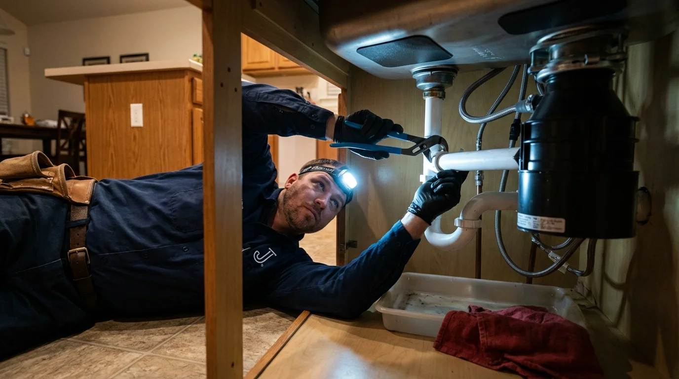 P-trap and supply line connections under a kitchen sink showing a common leak point in Canandaigua, NY